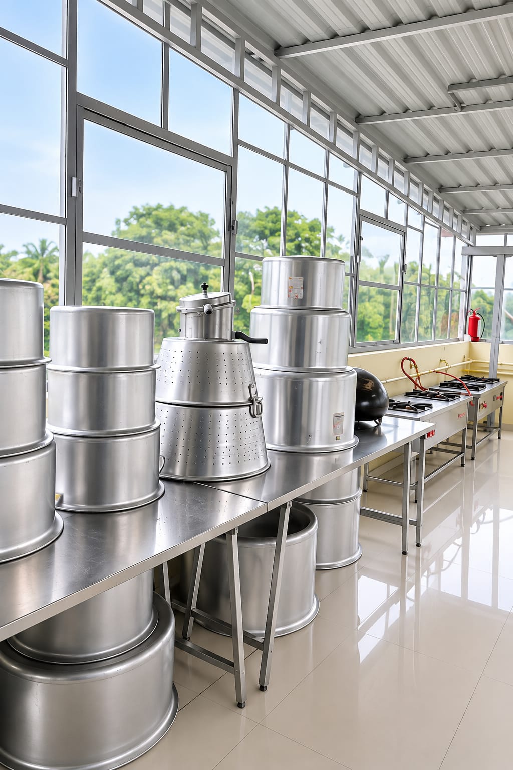 Fully equipped kitchen with large vessels and commercial gas stoves
