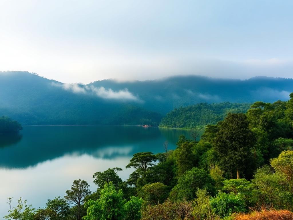 Calm Honnamana Kere lake ringed by coffee estates