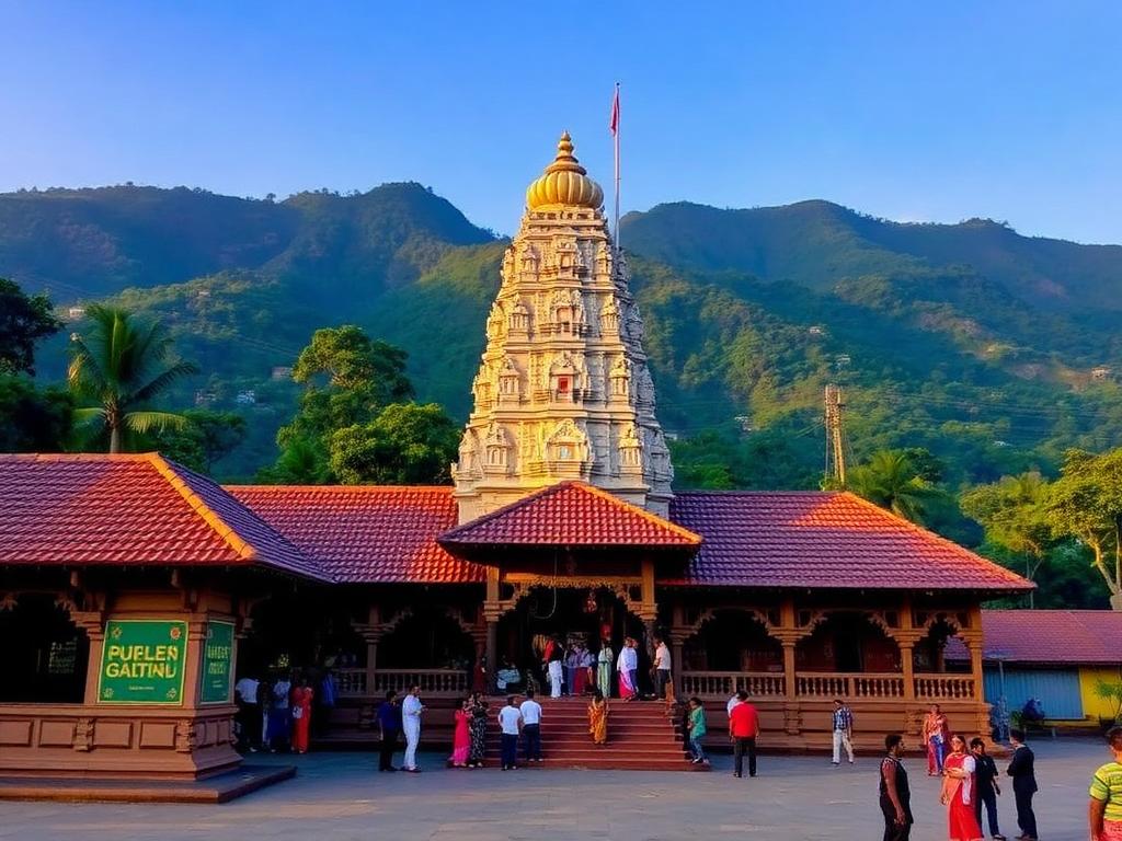 Kukke Subrahmanya temple with green hills behind it