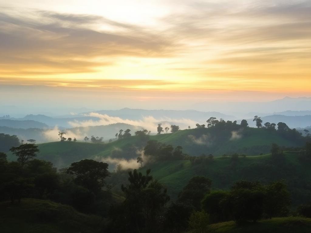 Misty Coorg valley with coffee estates near Madikeri