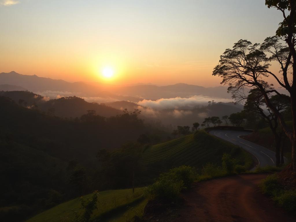 Misty coffee plantation hills at sunrise in Sakleshpur
