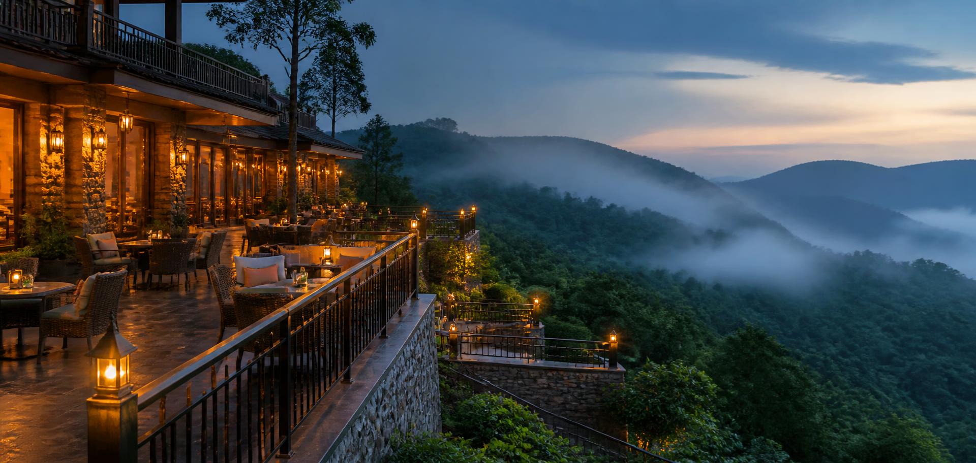 Hotel terrace overlooking misty hills at dusk
